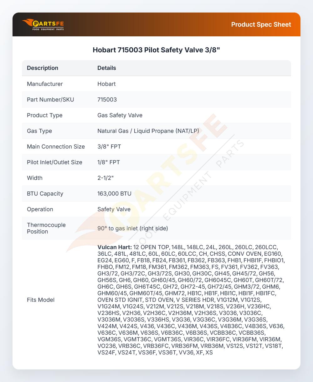 Hobart 715003 Fryer Pilot Safety Valve 3/8"