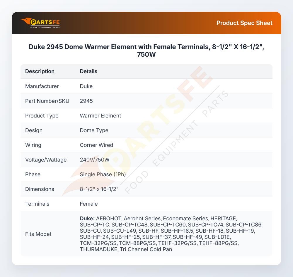 Duke 2945 Dome Warmer Element with Female Terminals, 8-1/2" X 16-1/2", 750W