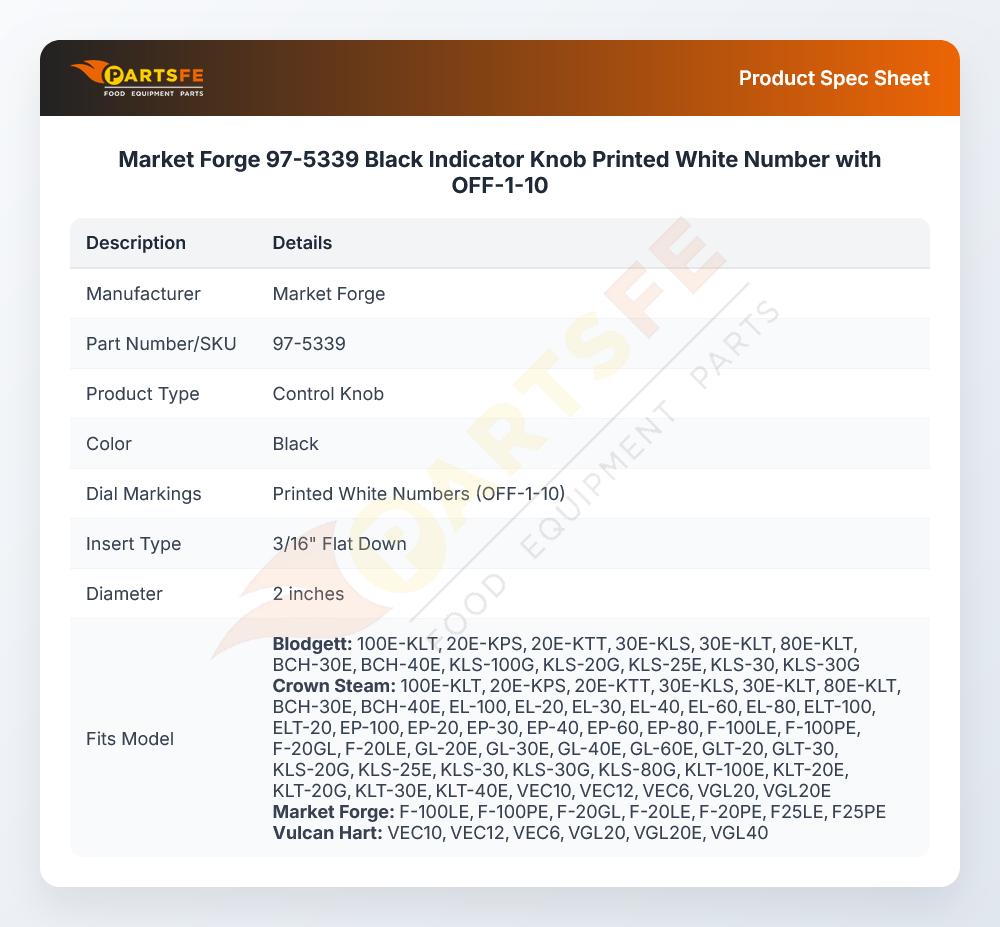 Market Forge 97-5339 Black Indicator Knob Printed White Number with OFF-1-10