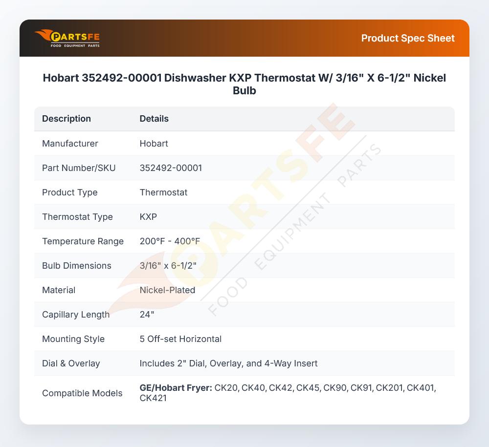 Hobart 352492-00001 Dishwasher KXP Thermostat W/ 3/16" X 6-1/2" Nickel Bulb