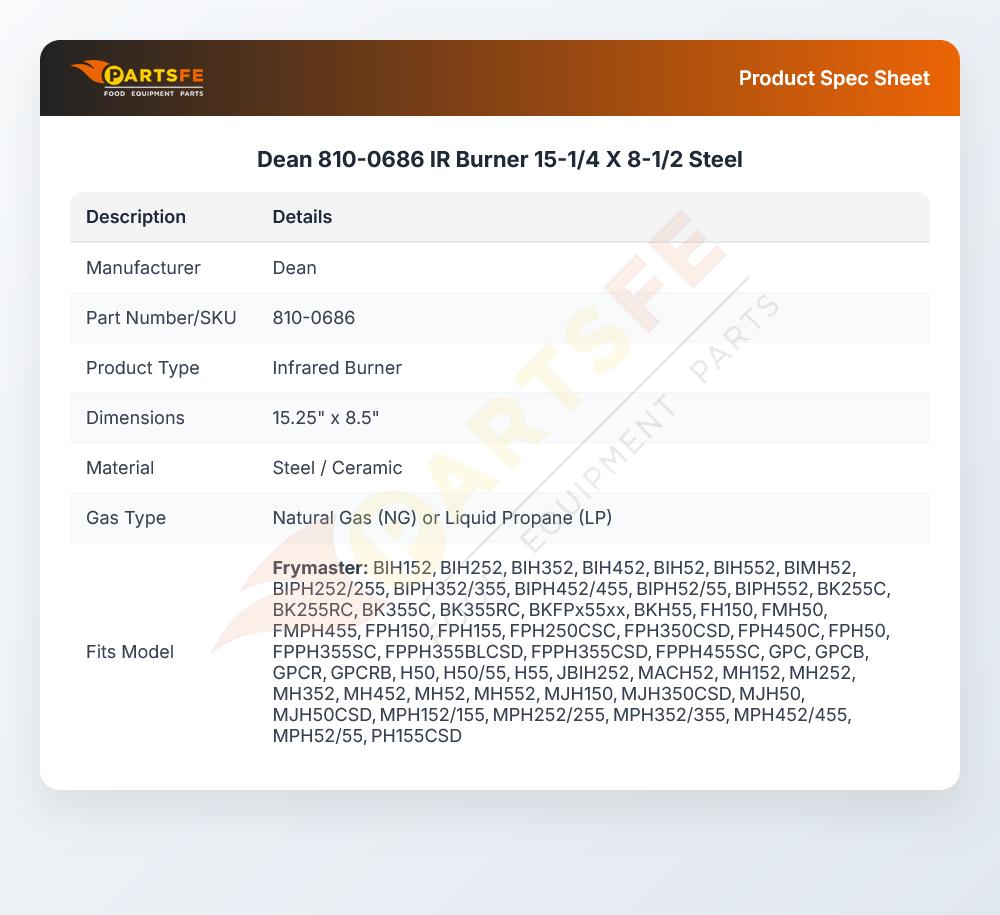 Dean 810-0686 IR Burner 15-1/4" X 8-1/2" Steel
