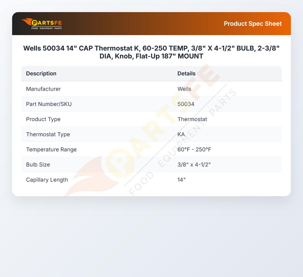 Wells 50034 Thermostat 60&deg;F-250&deg;F 3/8" X 4-1/2" 14" CAP K-Type