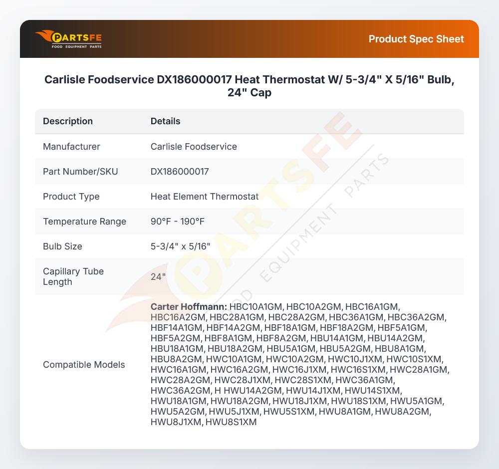 Carlisle Foodservice DX186000017 Thermostat 5-3/4" X 5/16" X 24" CAP 200&deg;F