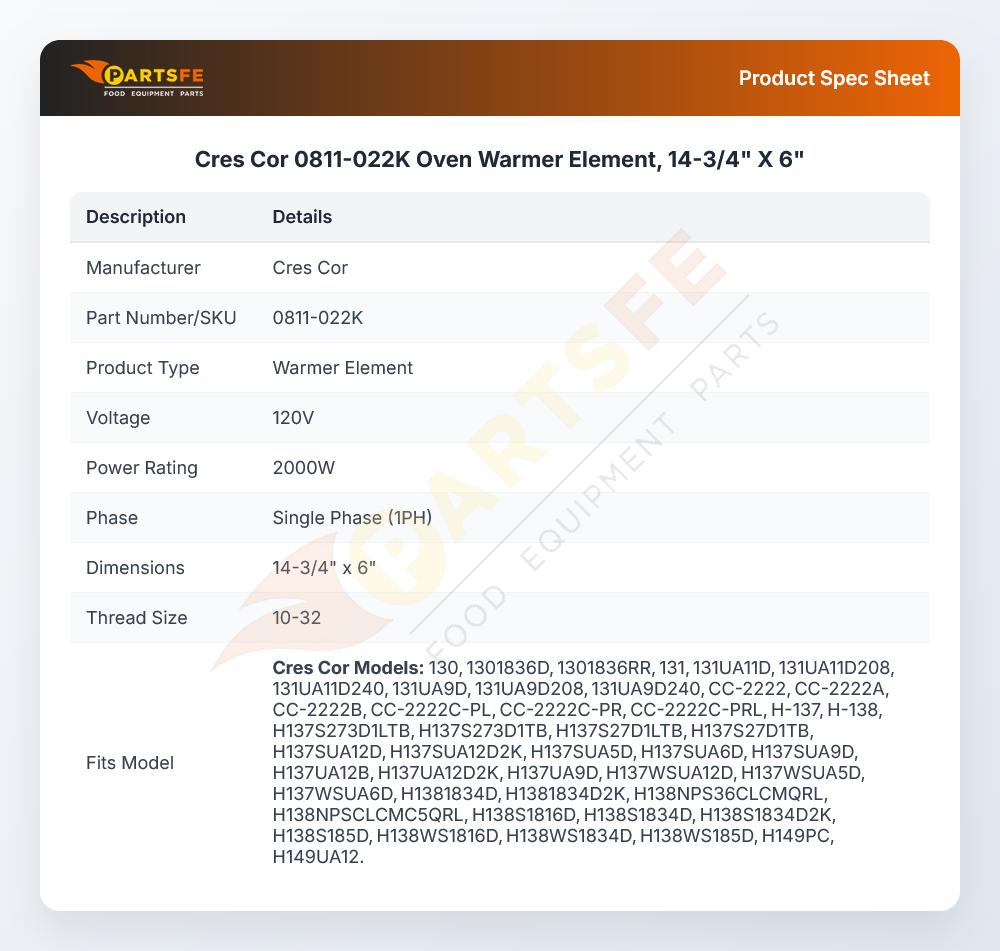 Cres Cor 0811-022K Hot Cabinet Element 14-3/4" X 6"