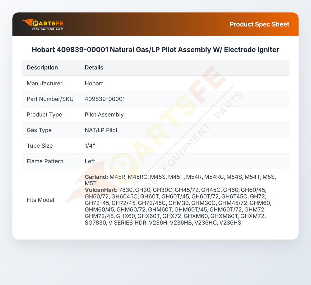 Hobart 409839-00001 Natural Gas/LP Pilot Assembly W/ Electrode Igniter