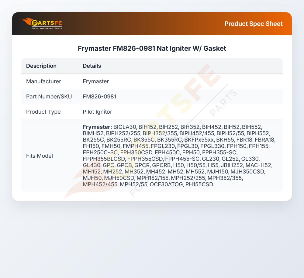 Frymaster FM826-0981 Nat Igniter W/ Gasket
