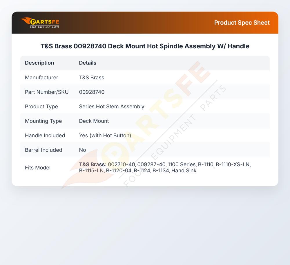 T&S Brass 00928740 Deck Mount Hot Spindle Assembly W/ Handle