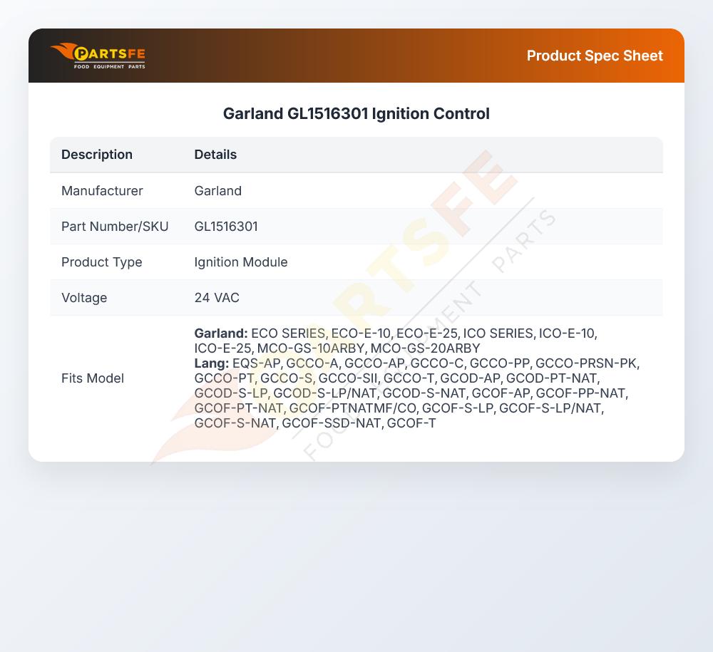 Garland GL1516301 Ignition Control