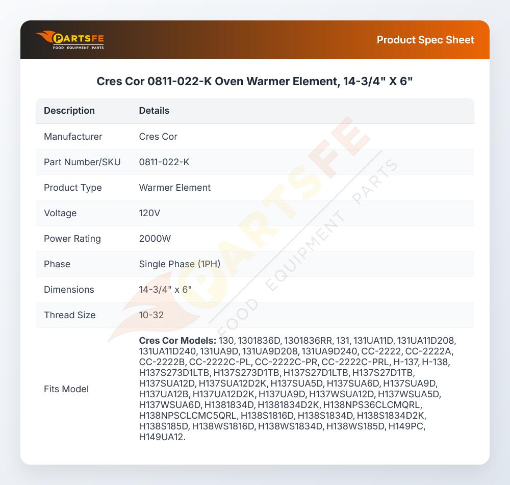 Cres Cor 0811-022-K Hot Cabinet Element 14-3/4" X 6"