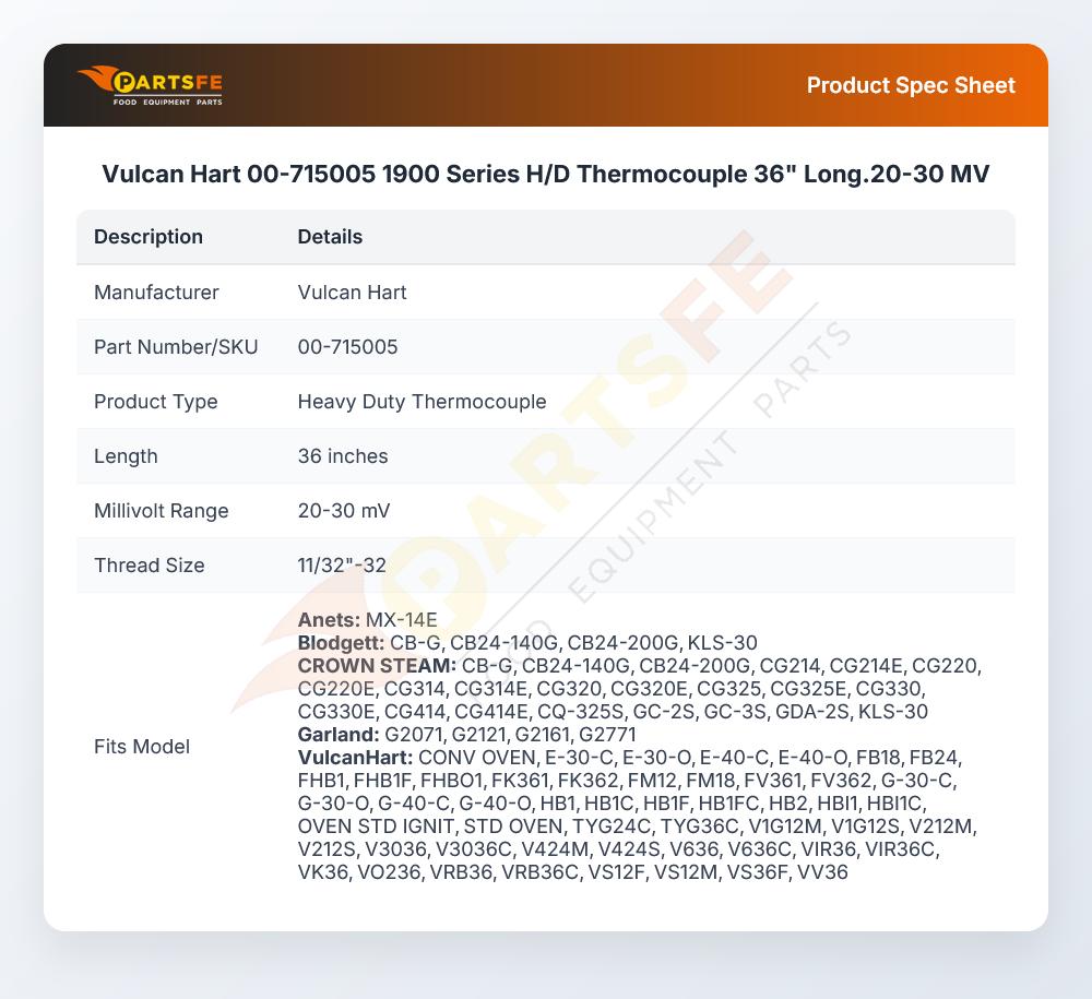 Vulcan Hart 00-715005 Oven Thermocouple
