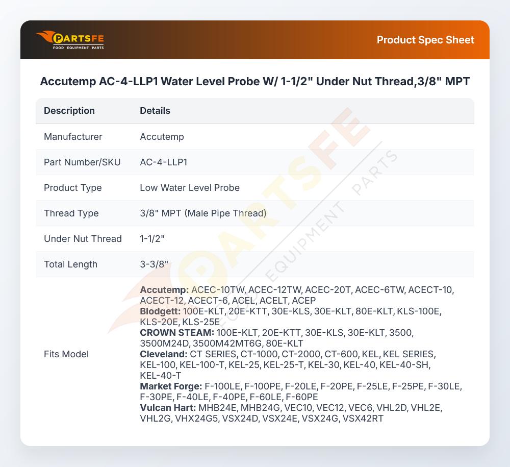 Accutemp AC-4-LLP1 Tilting Kettle Water Level Probe W/1-1/2" Under Nut Thread 3/8" MPT