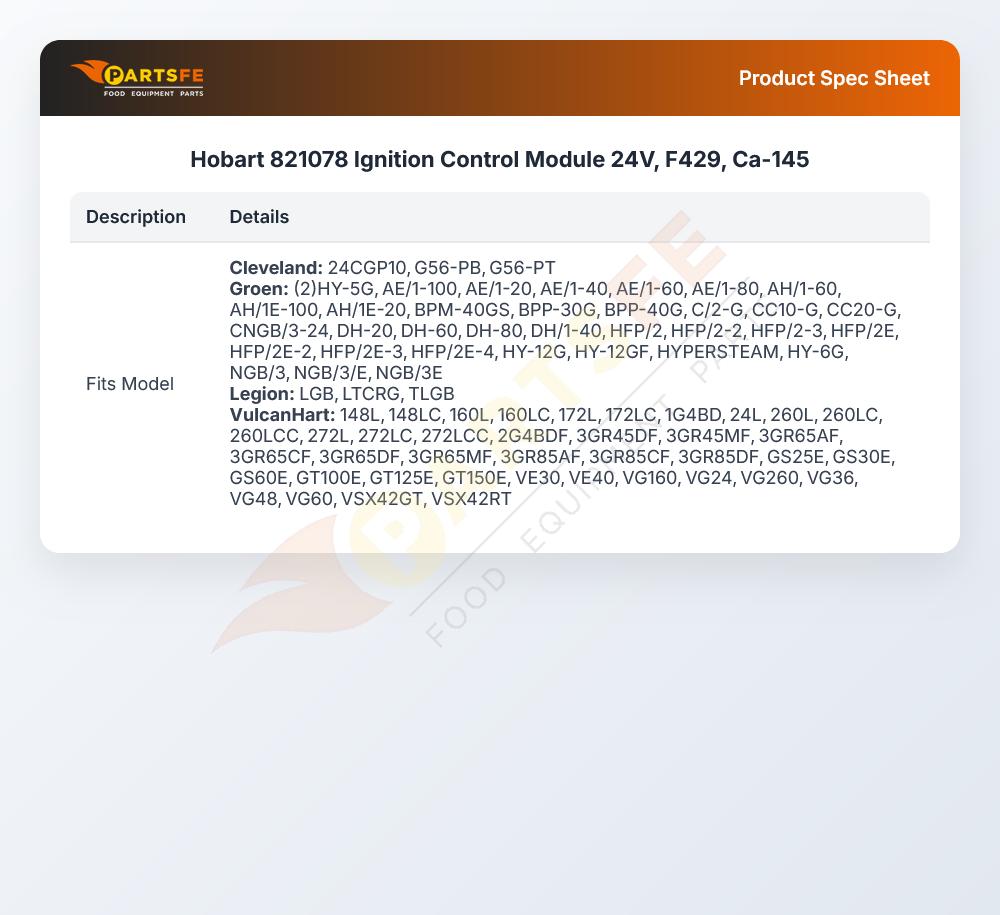 Hobart 821078 Ignition Control Module 24V F429 CA-145