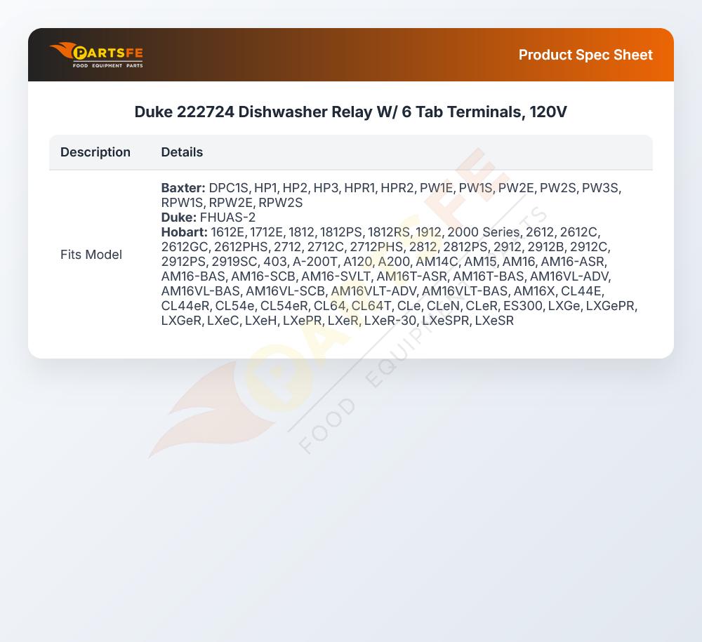 Duke 222724 Dishwasher Relay W/ 6 Tab Terminals, 120V