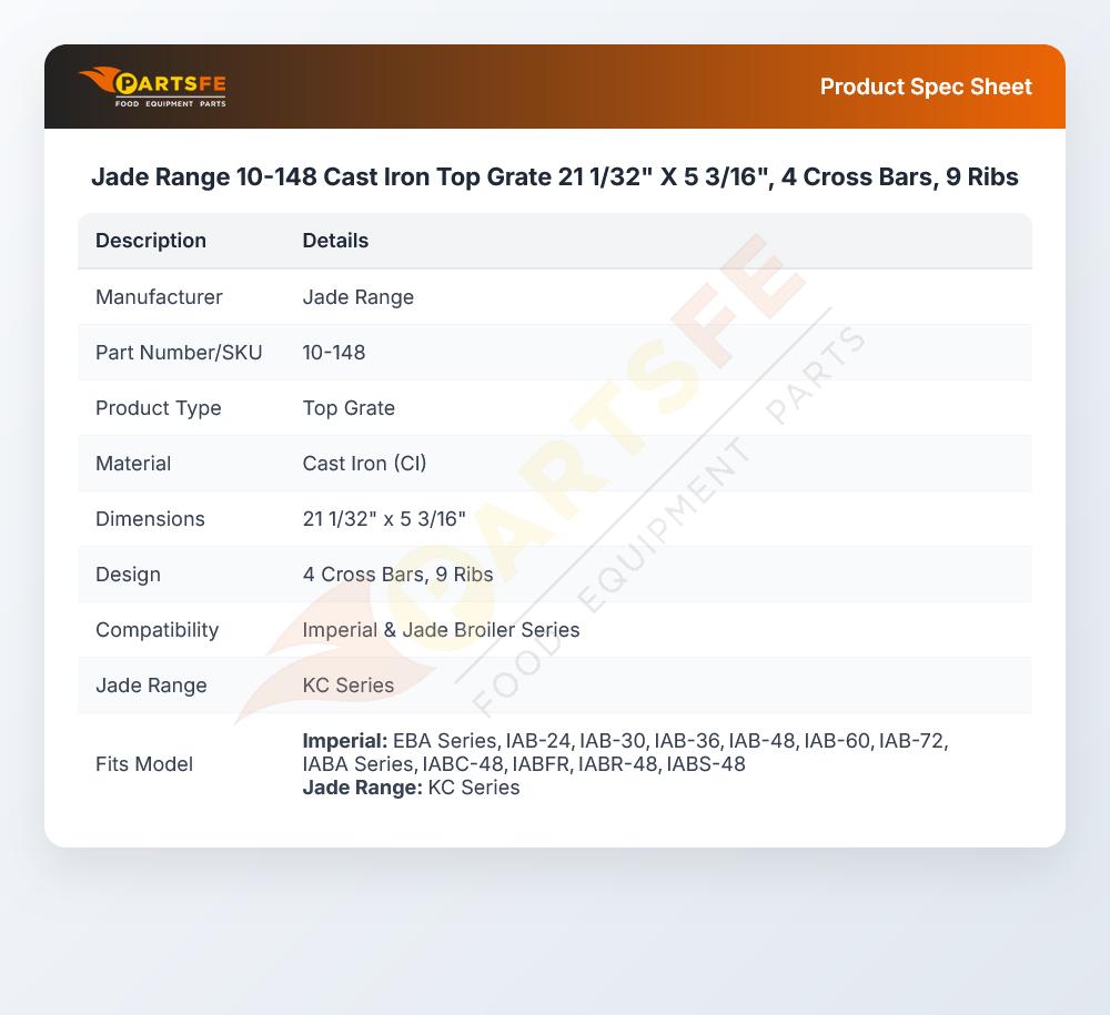 Jade Range 10-148 Top Grate Cast Iron 21-1/32" X 5-3/16" 4-Cross Bars 9-Ribs