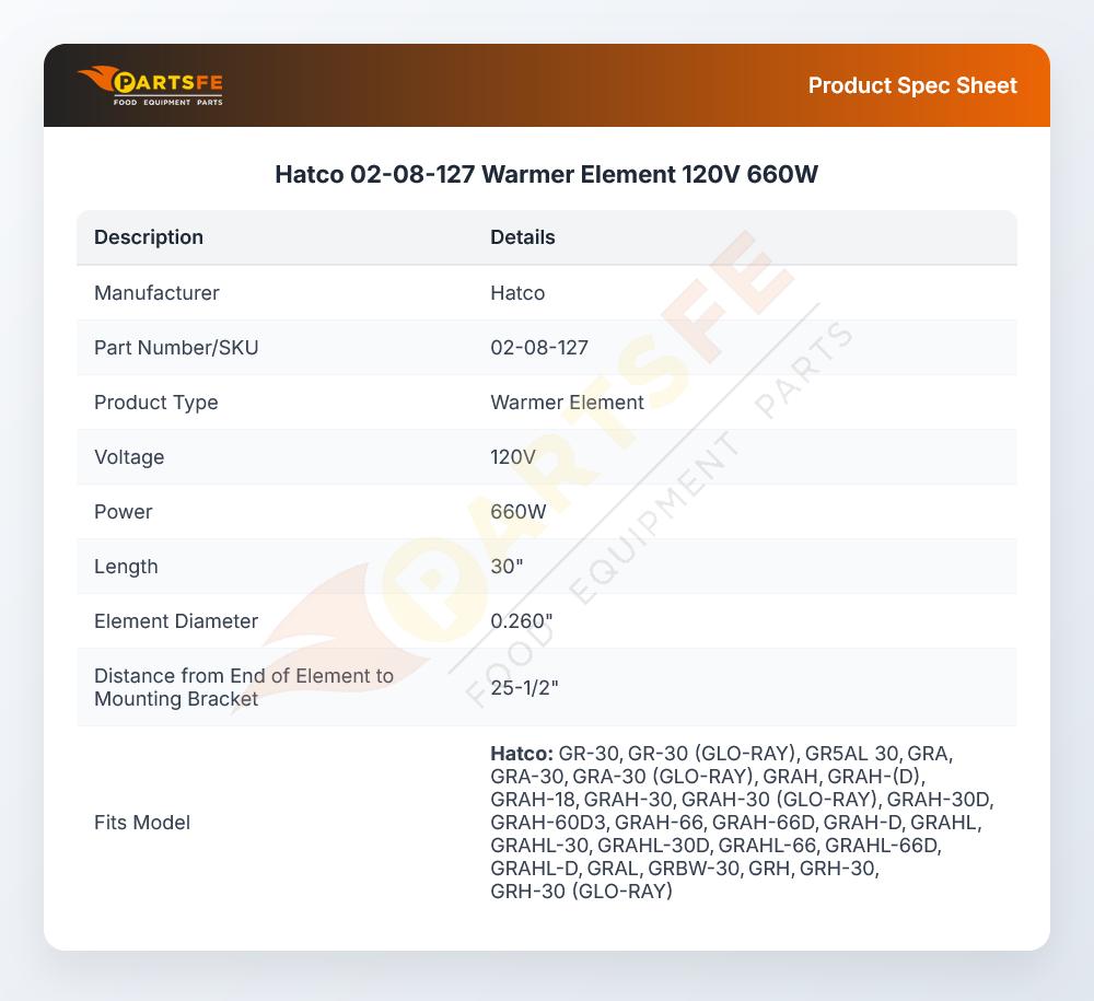 Hatco 02-08-127 Warmer Element 120V 660W