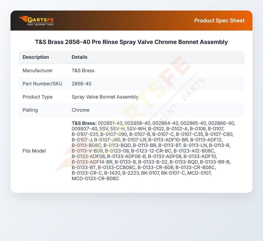 T&S Brass 2856-40 Pre Rinse Spray Valve Chrome Bonnet  Assembly