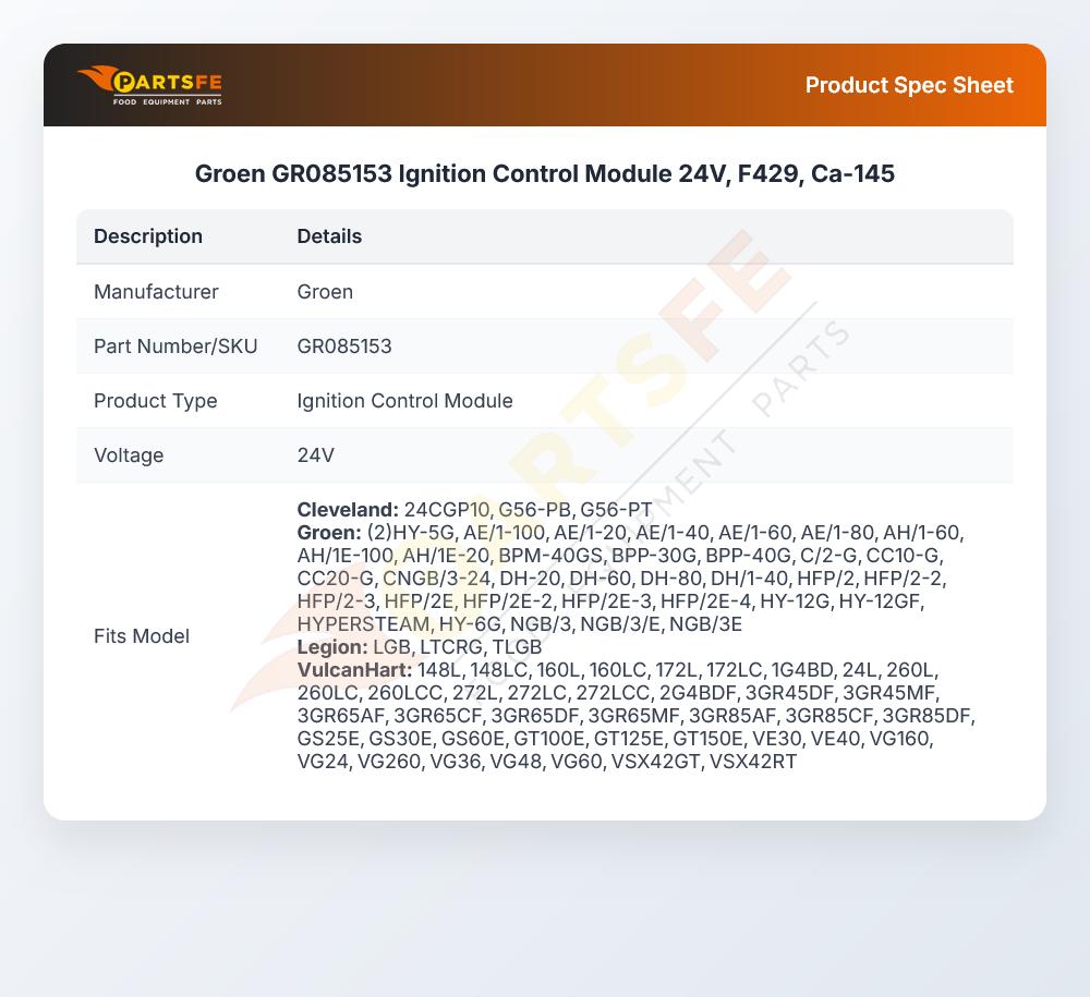 Groen GR085153 Convection Steamer Ignition Control Module 24V F429 CA-145