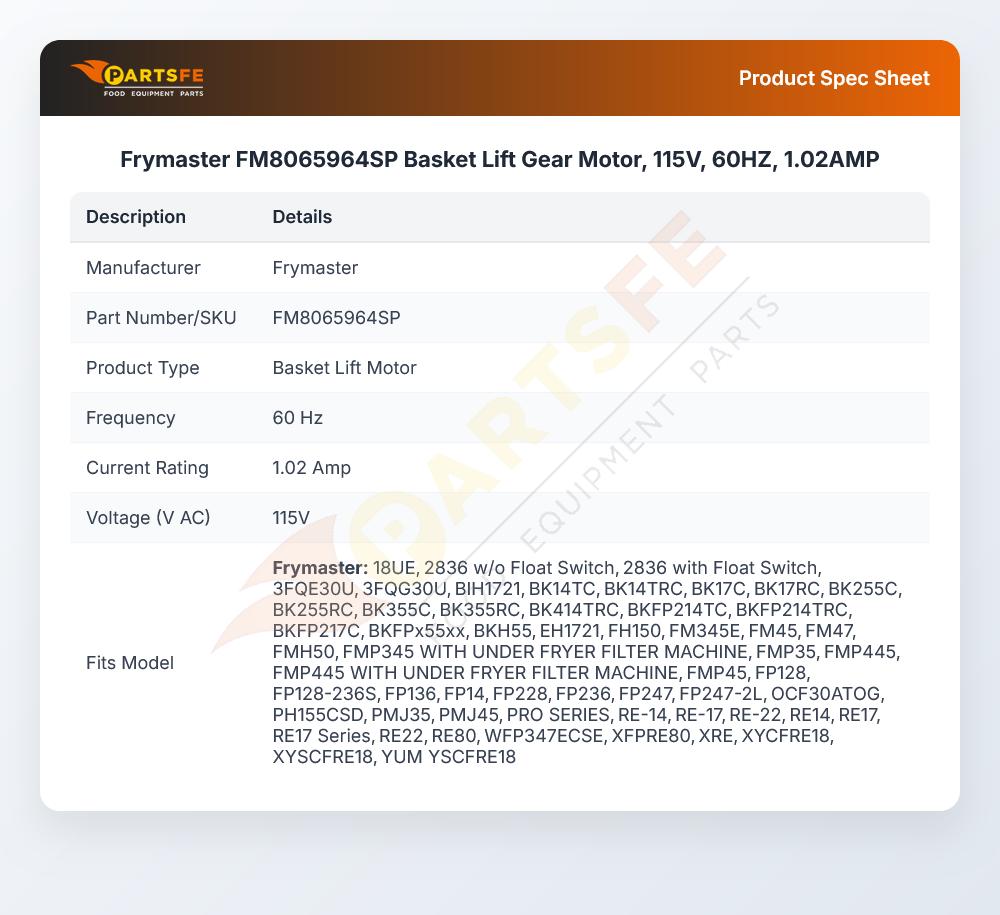 Frymaster FM8065964SP Basket Lift Gear Motor1.02A 115V 60Hz