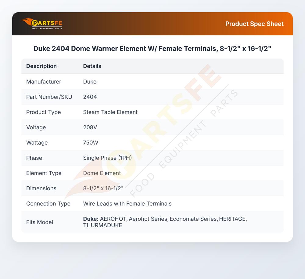 Duke 2404 Dome Warmer Element W/ Female Terminals, 8-1/2" x 16-1/2"