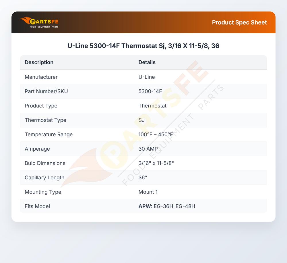 U-Line 5300-14F Thermostat 3/16" X 11-5/8" 36" CAP 100-450&deg;F SJ