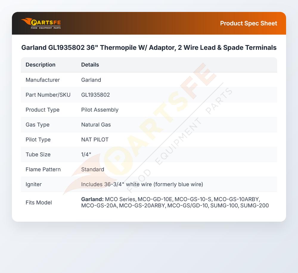 Garland GL1935802 Thermopile W/Adaptor 2 Wire Lead & Spade Terminals 36"