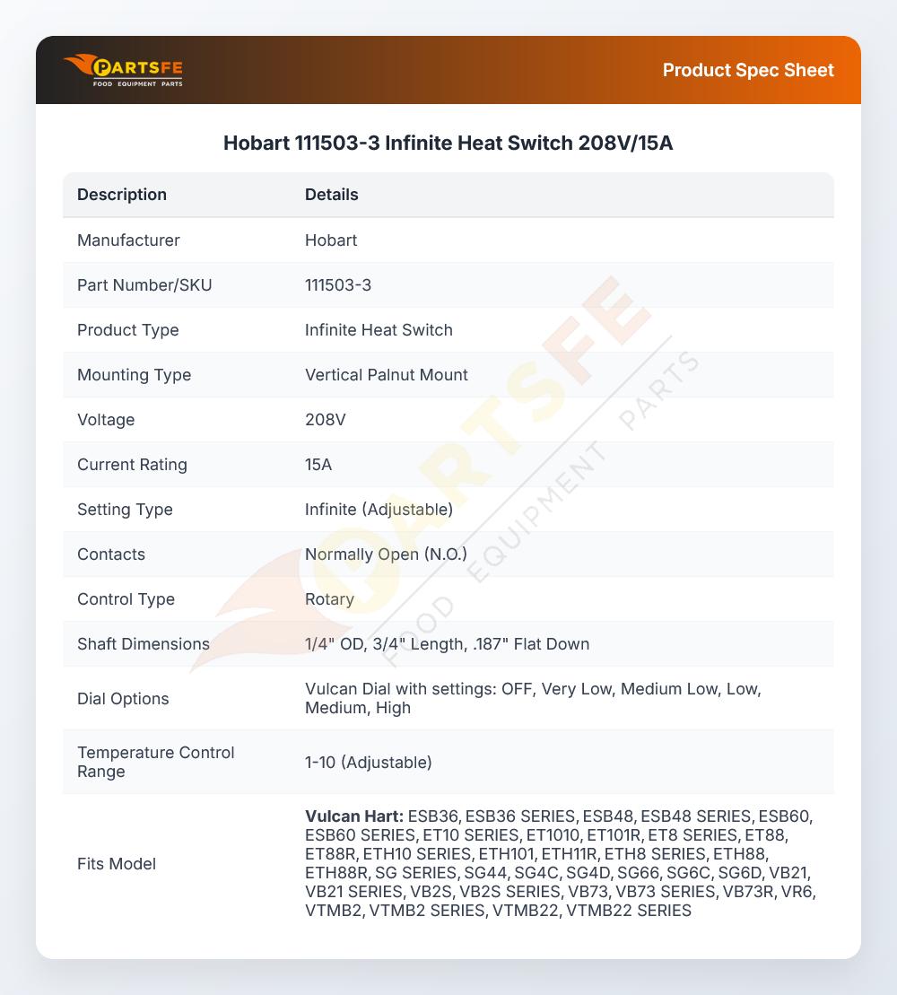 Hobart 111503-3 Infinite Heat Switch 208V/15A