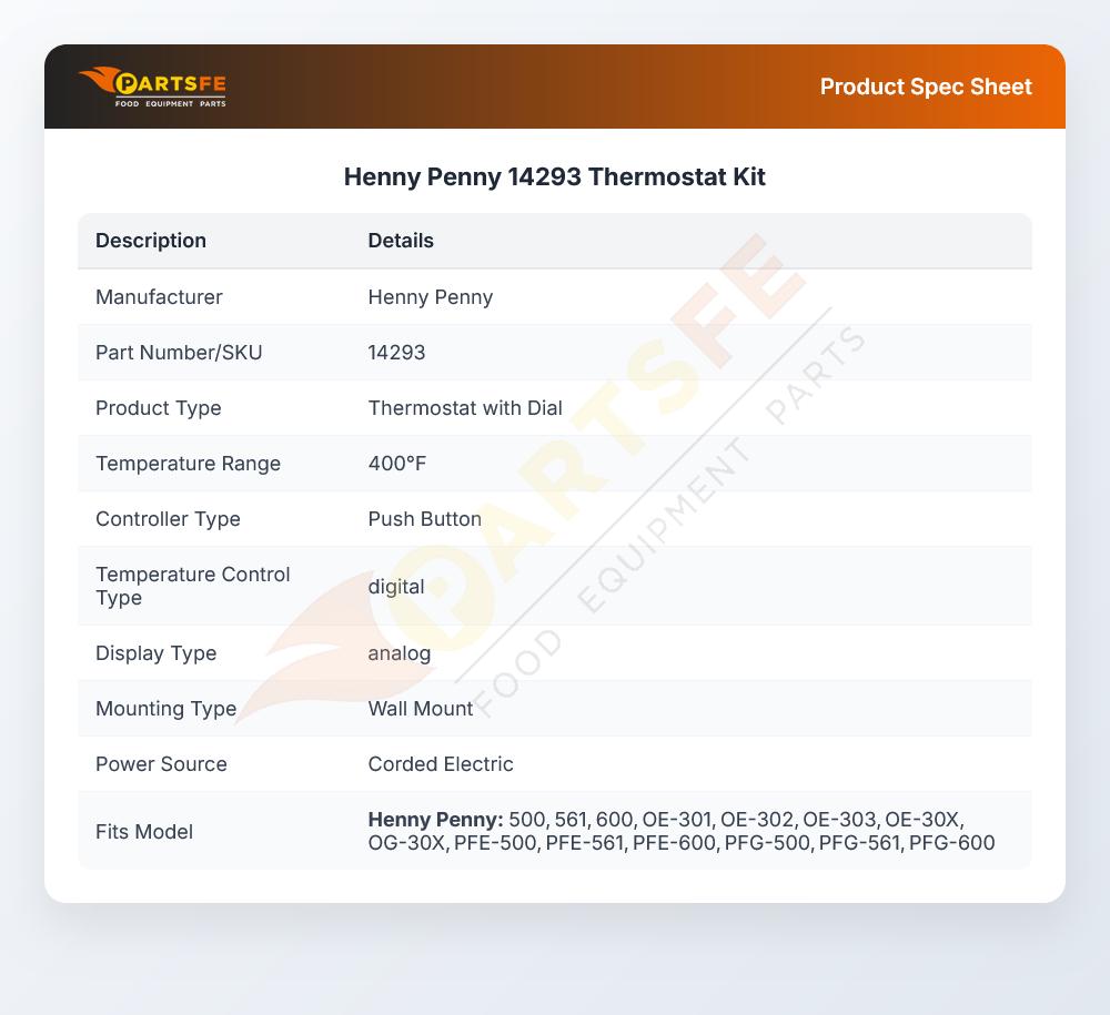 Henny Penny 14293 Fryer Control Thermostat Kit KX Type 600/OG-30X