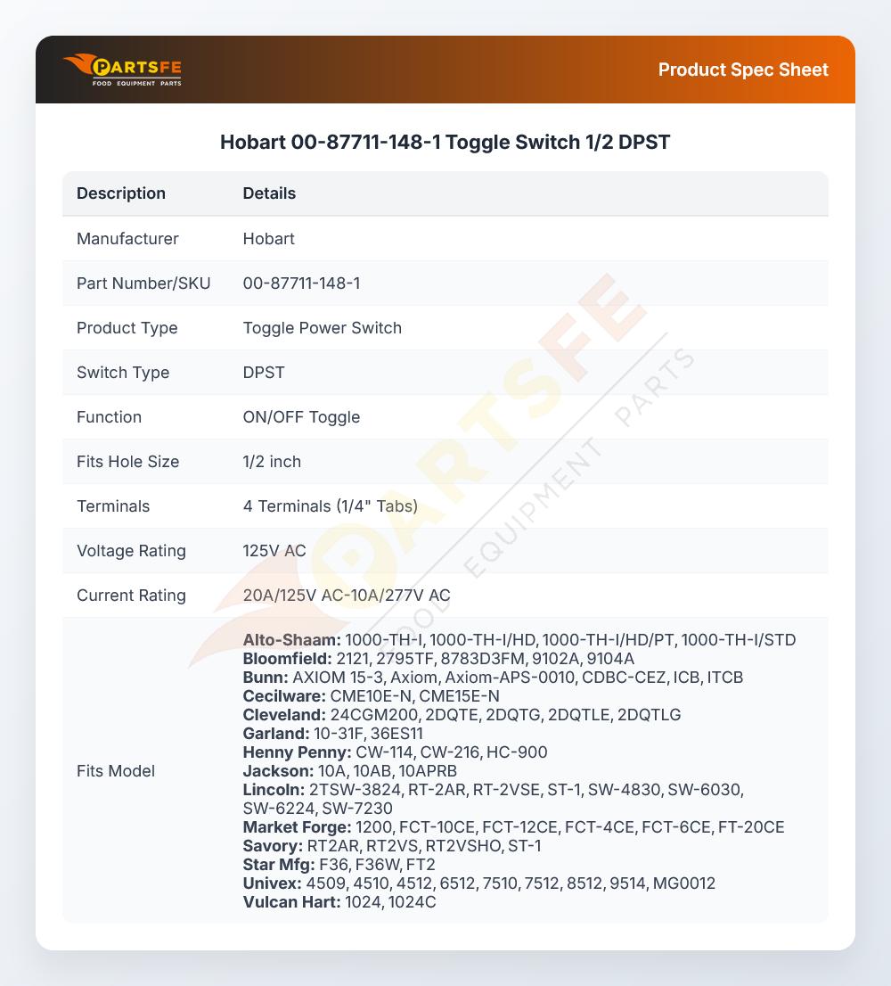 Hobart 00-87711-148-1 Toggle Switch 1/2 DPST