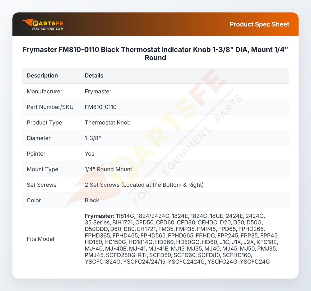 Frymaster FM810-0110 Black Thermostat Indicator Knob 1-3/8" DIA, Mount 1/4" Round