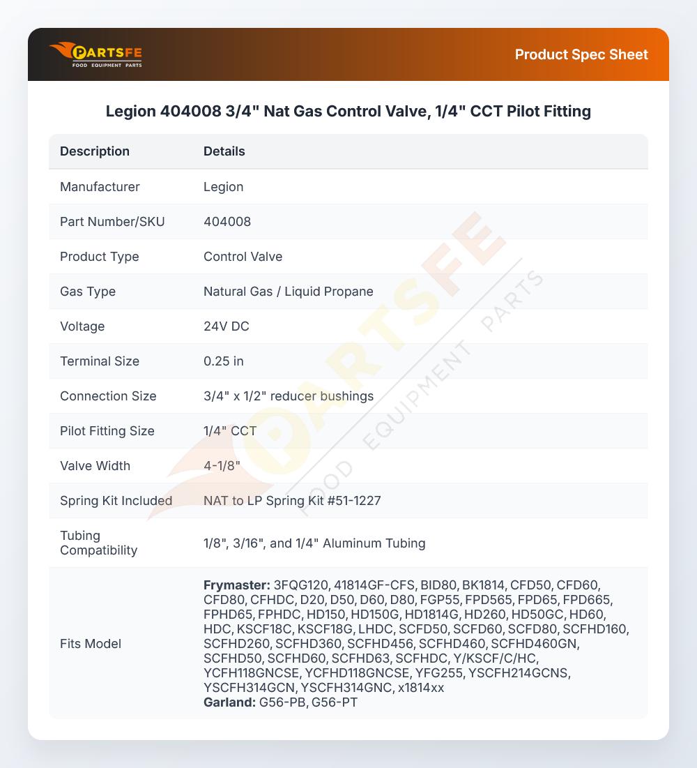 Legion 404008 Natural Gas Control Valve 1/4" CCT Pilot Fitting 3/4"