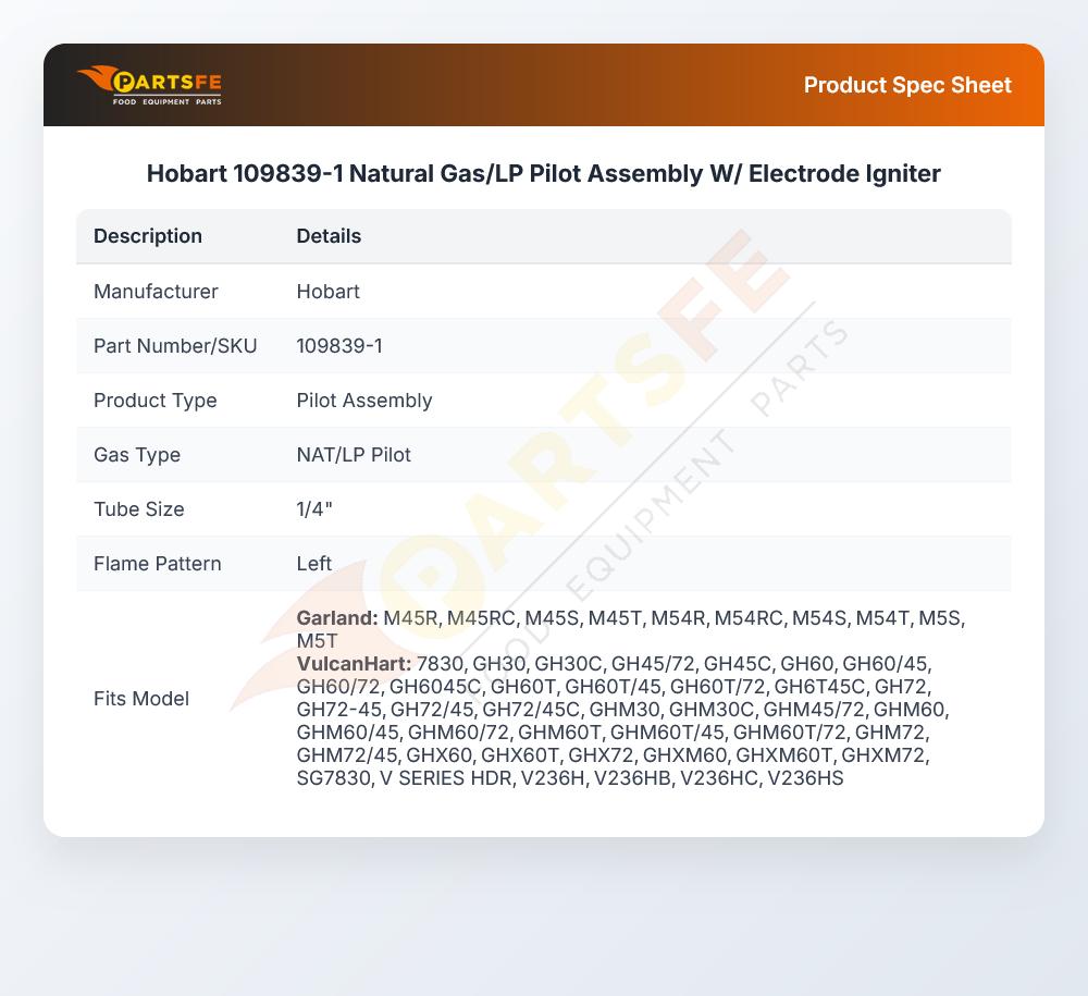 Hobart 109839-1 Natural Gas/LP Pilot Assembly W/ Electrode Igniter