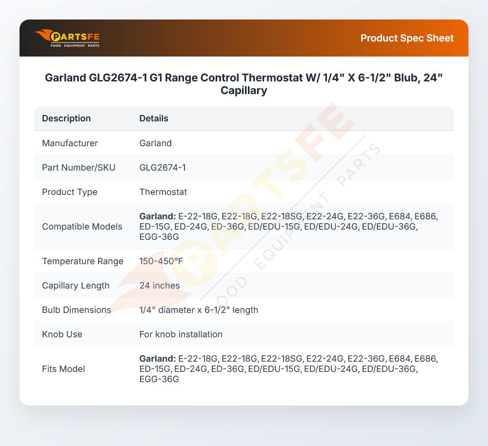 Garland GLG2674-1 G1 Range Control Thermostat W/ 1/4" X 6-1/2" Blub, 24" Capillary