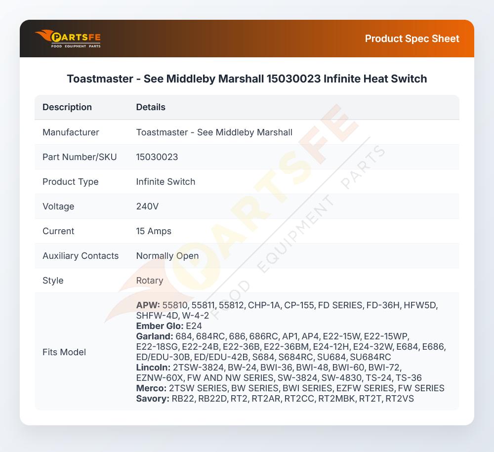 Toastmaster - See Middleby Marshall 15030023 Infinite Heat Switch