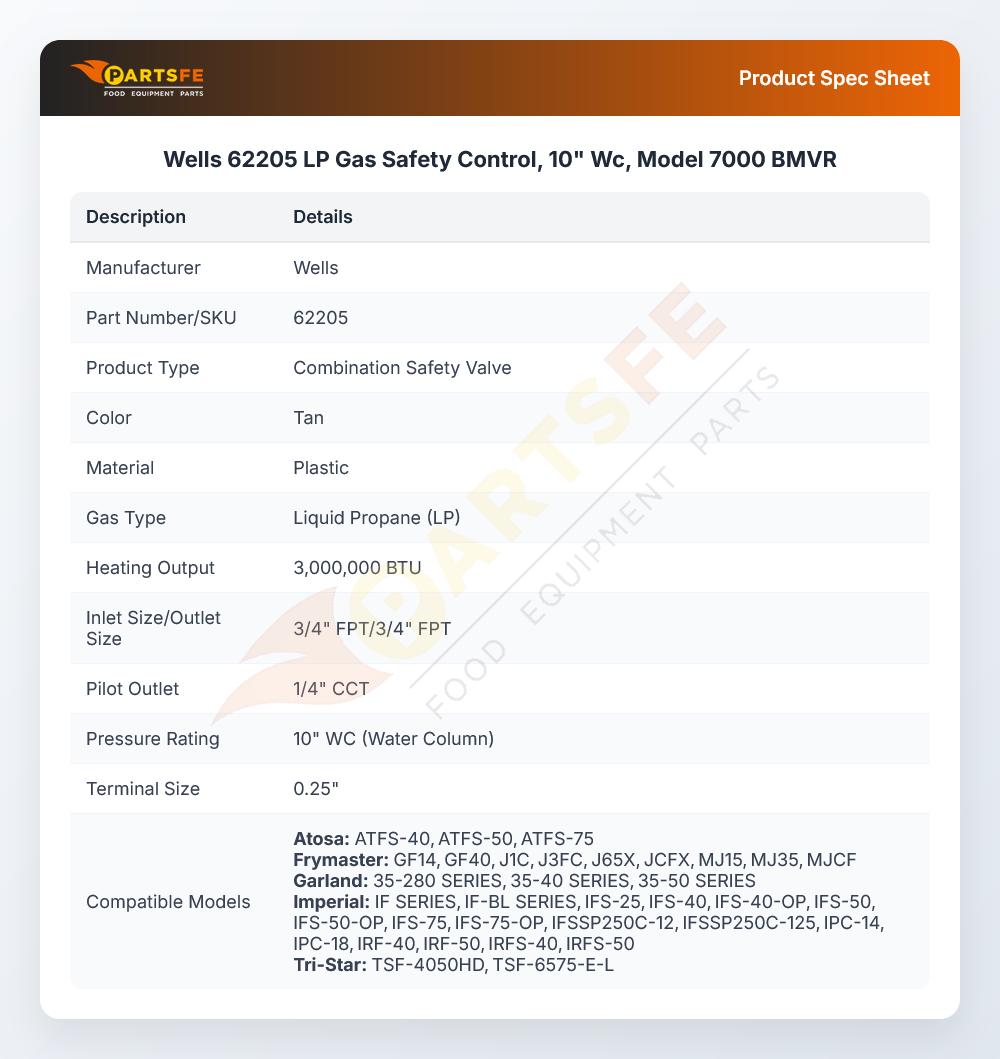 Wells 62205 LP Gas Safety Control 10" WC Model 7000 BMVR