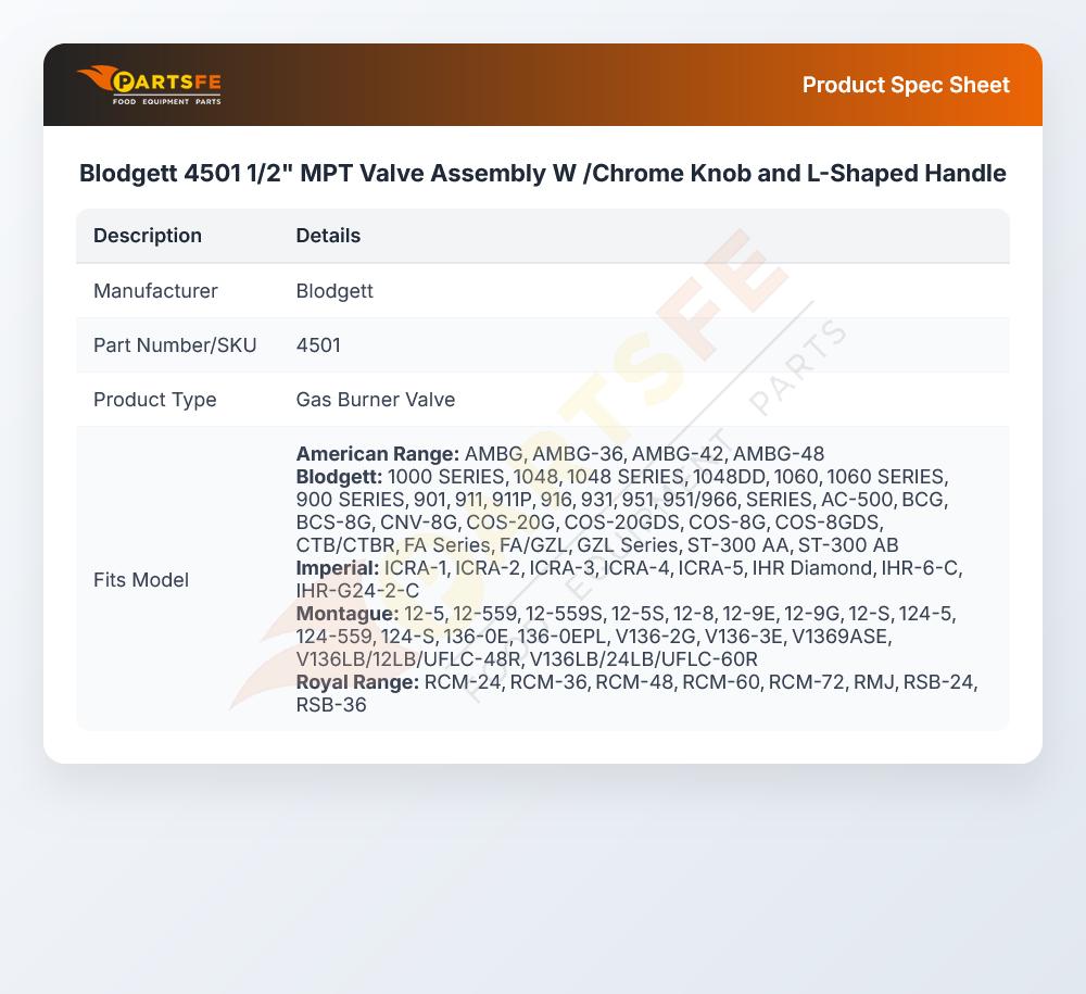 Blodgett 4501 1/2" MPT Valve Assembly W /Chrome Knob and L-Shaped Handle