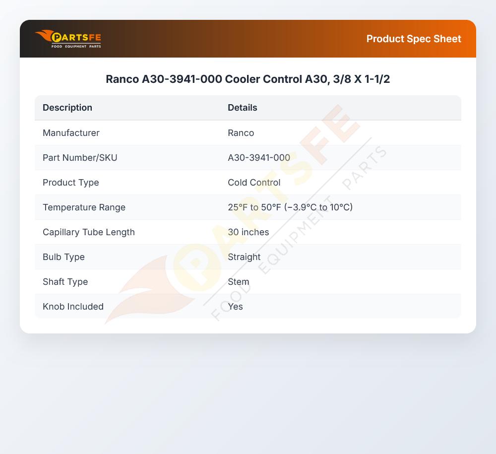 Ranco A30-3941-000 Cooler Control A30, 3/8 X 1-1/2