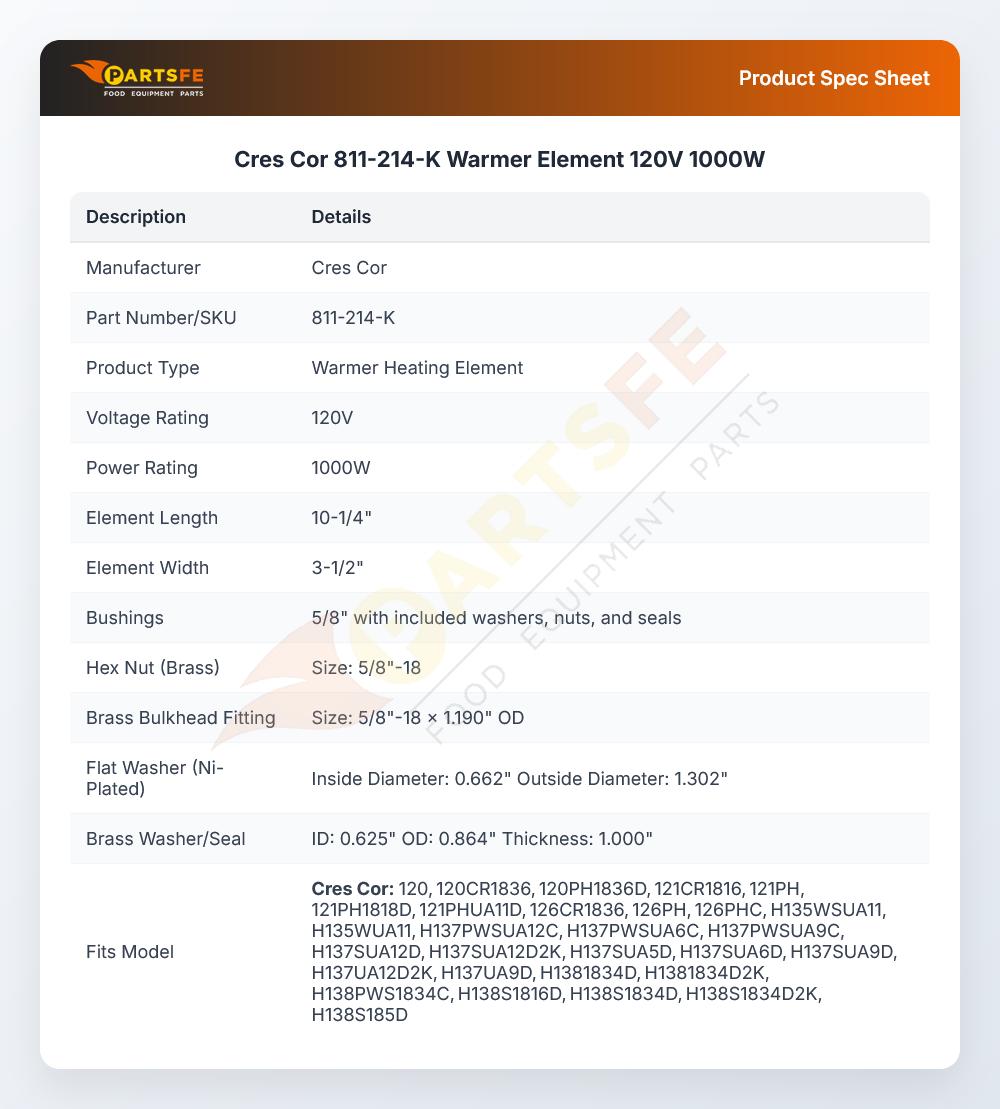 Cres Cor 811-214-K Warmer Element 120V 1000W