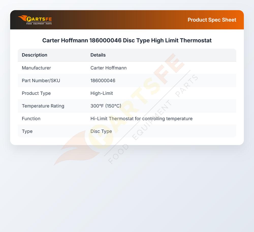 Carter Hoffmann 186000046 Disc Type High Limit Thermostat