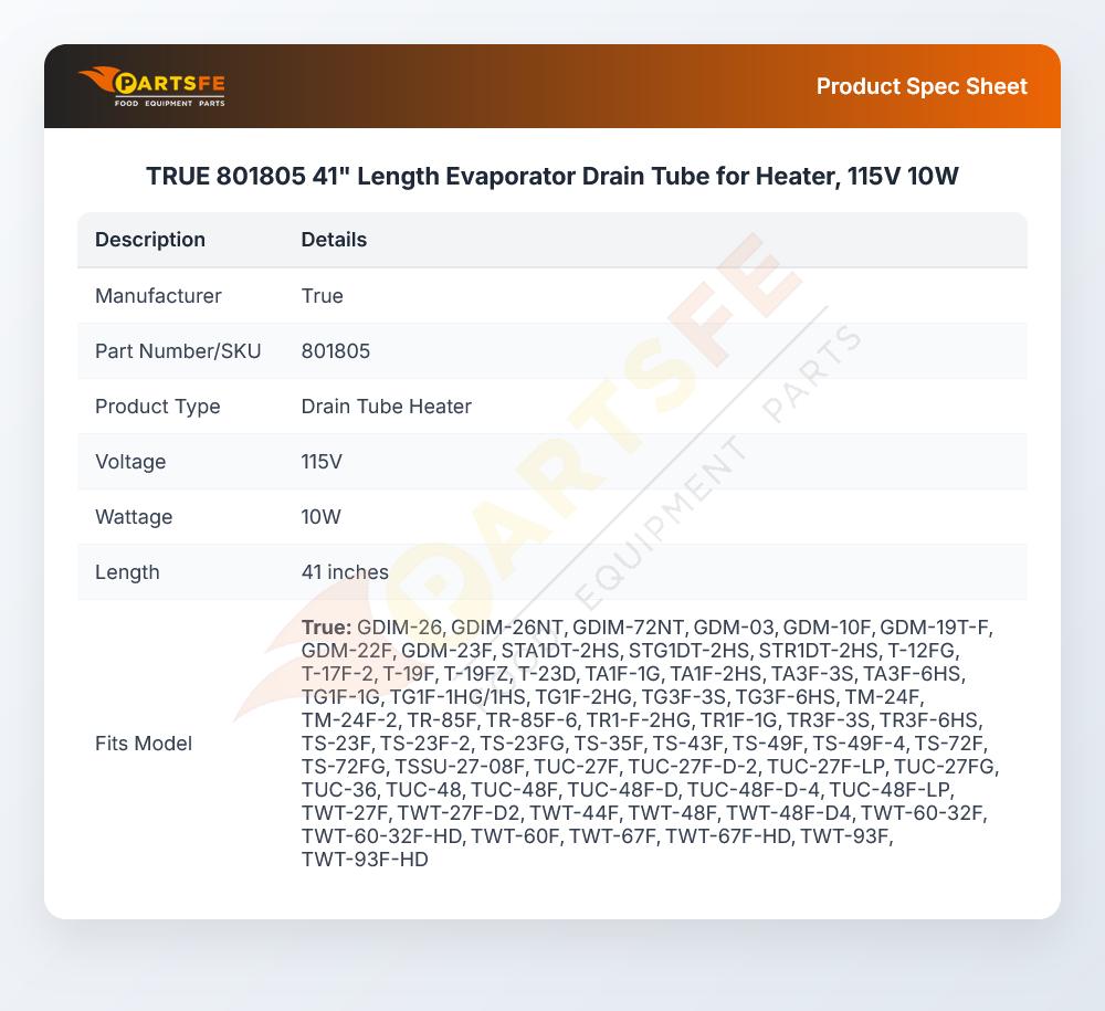 TRUE 801805 Drain Line Heater 10W 115V