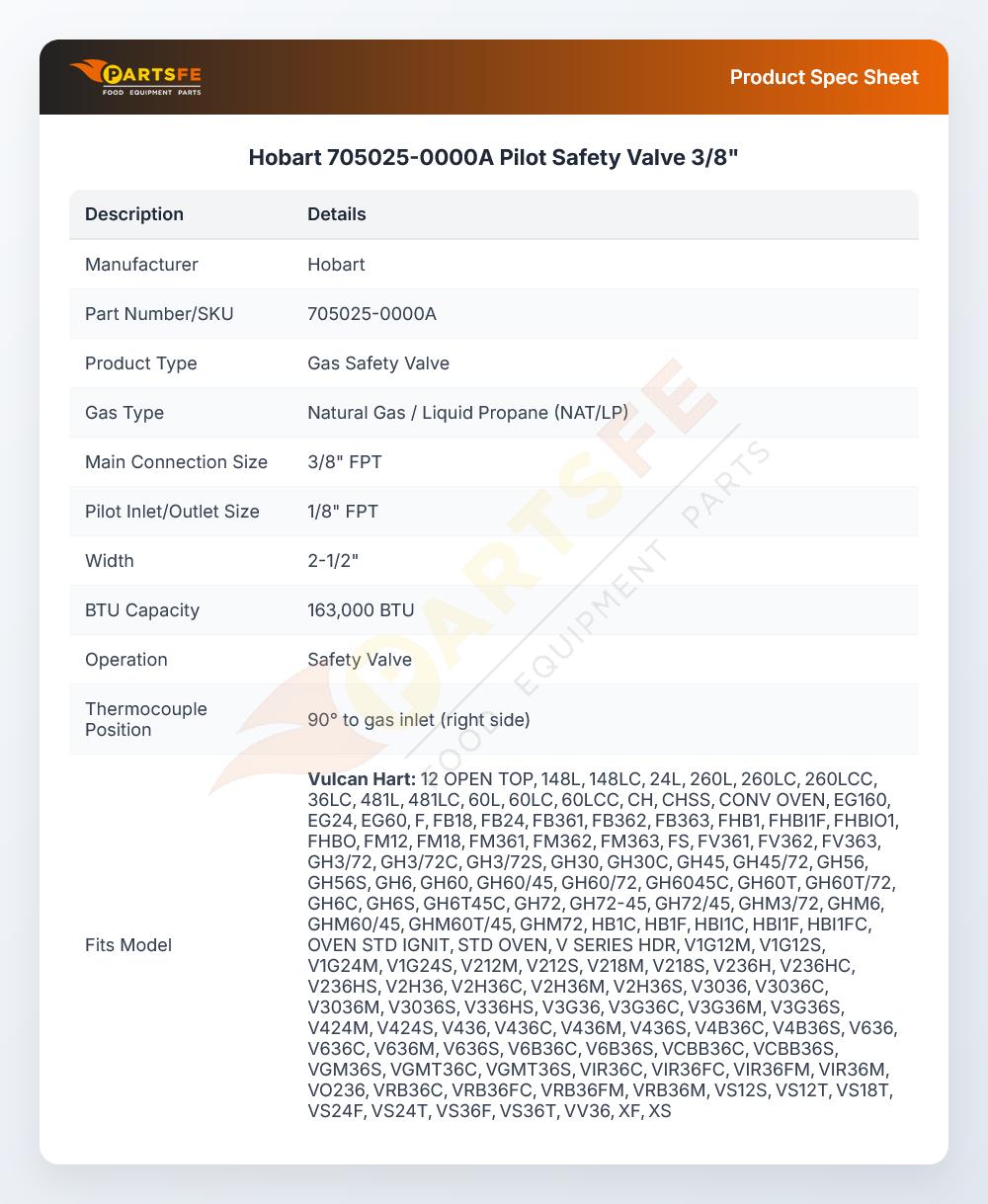 Hobart 705025-0000A Fryer Pilot Safety Valve 3/8"