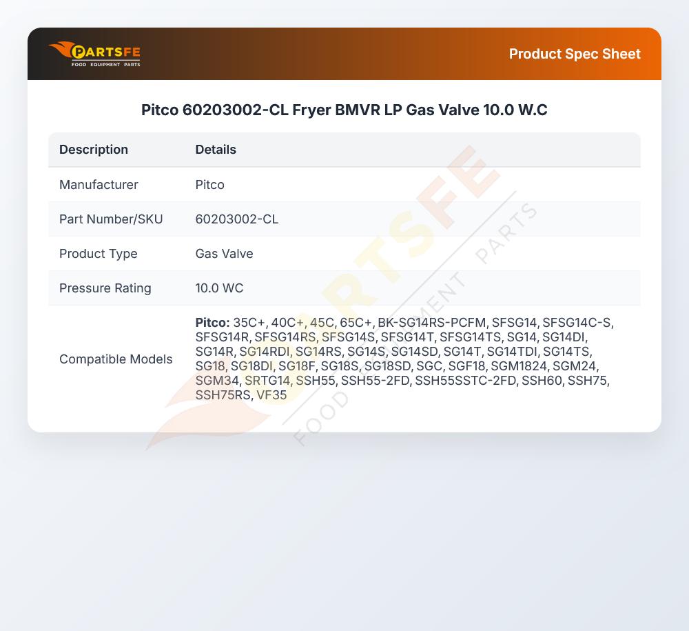 Pitco 60203002-CL Fryer BMVR LP Gas Valve 10.0WC