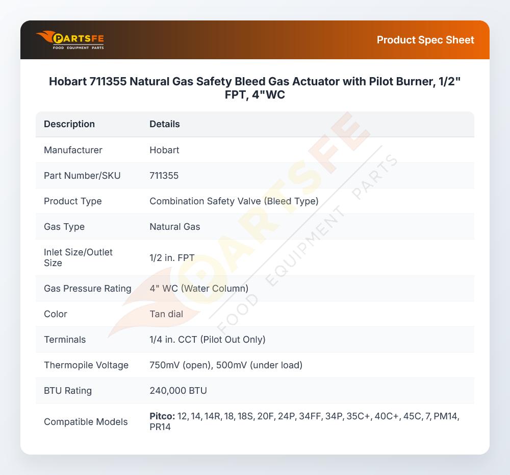 Hobart 711355 Natural Gas Safety Bleed Actuator W/Pilot Burner 1/2" FPT 4"WC
