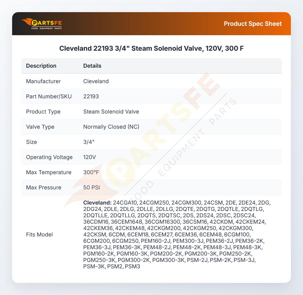 Cleveland 22193 Convection Steamer Steam Solenoid Valve 3/4" 300&deg;F 120V
