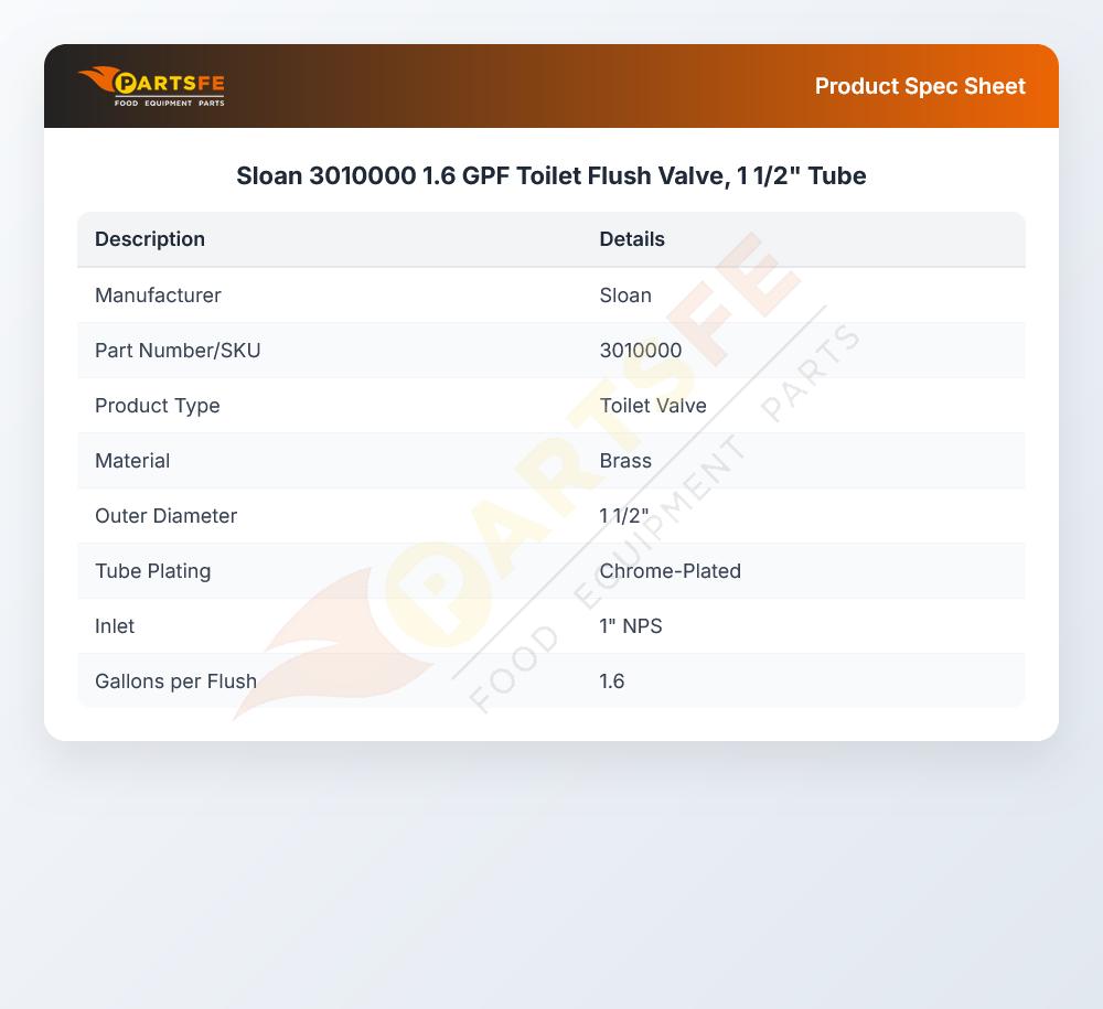 Sloan 3010000 Flushometer 1-1/2" Tube 1.6-GPF
