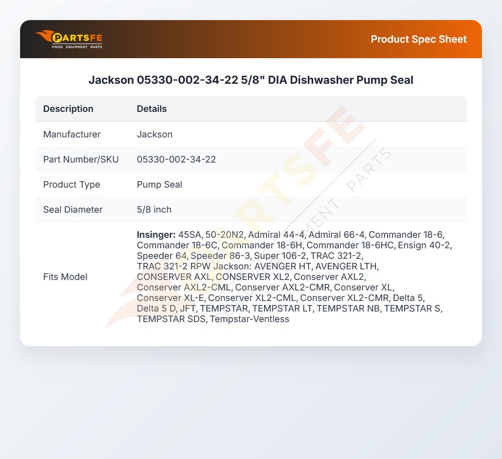 Jackson 05330-002-34-22 Dishwasher Pump Seal 5/8" DIA