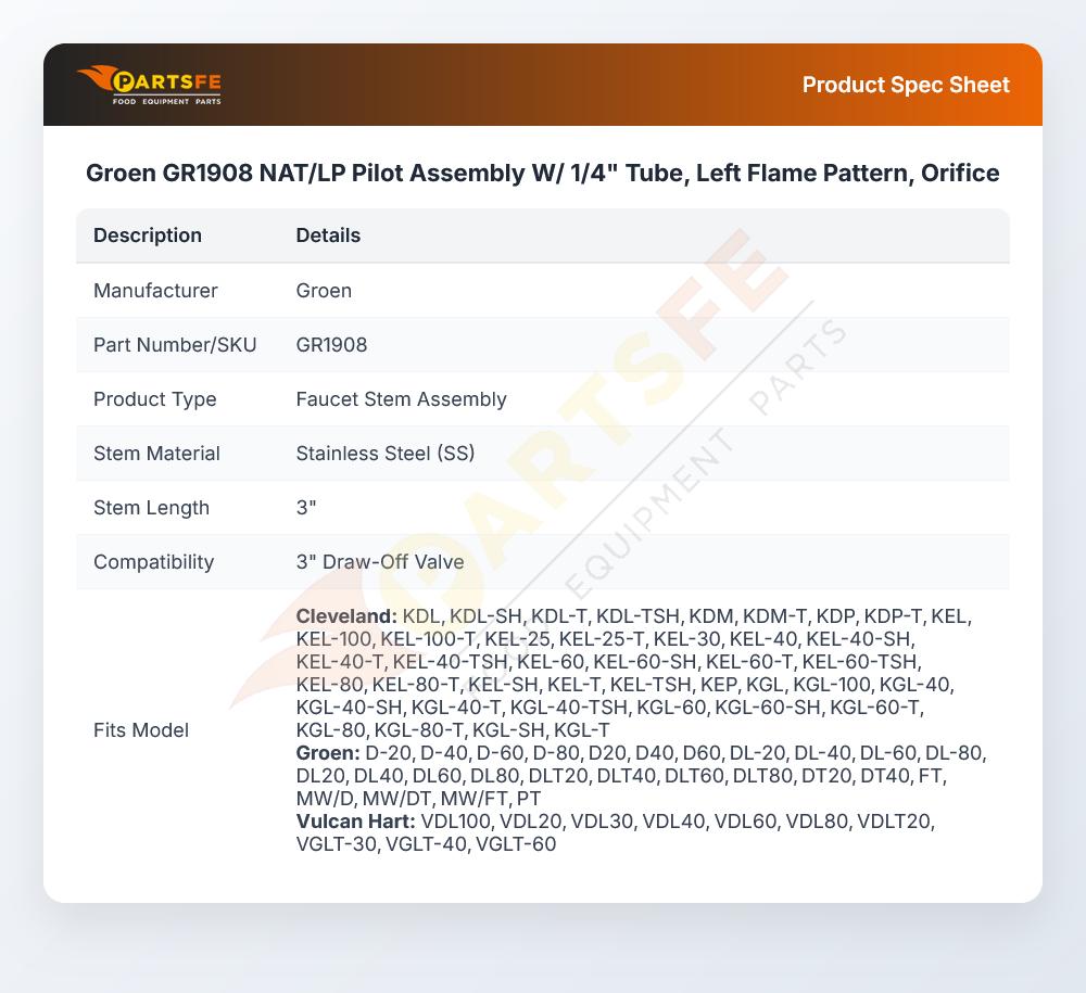 Groen GR1908 NAT/LP Pilot Assembly W/Flame Pattern Orifice 1/4" Tube Left