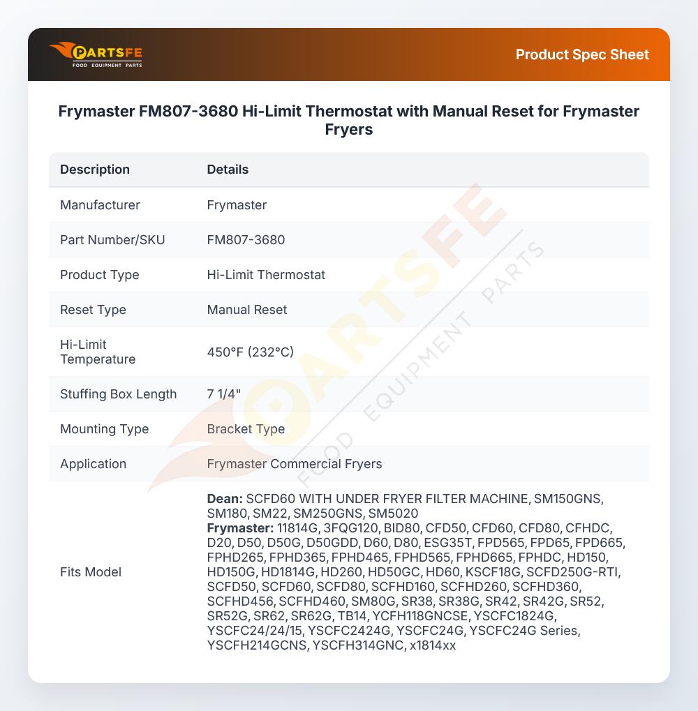 Frymaster FM807-3680 Hi-Limit Thermostat W/Manual Reset