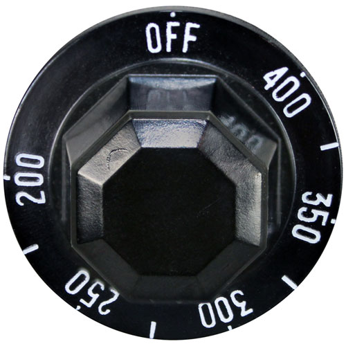 Hobart 408659-3 Black Thermostat Knob W/White Printed Numbers, 2" DIA, OFF-400-200F, Mount .187", Flat Down