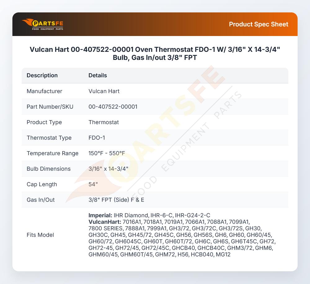 Vulcan Hart 00-407522-00001 Oven Thermostat FDO-1 W/ 3/16" X 14-3/4" Bulb, Gas In/out 3/8" FPT