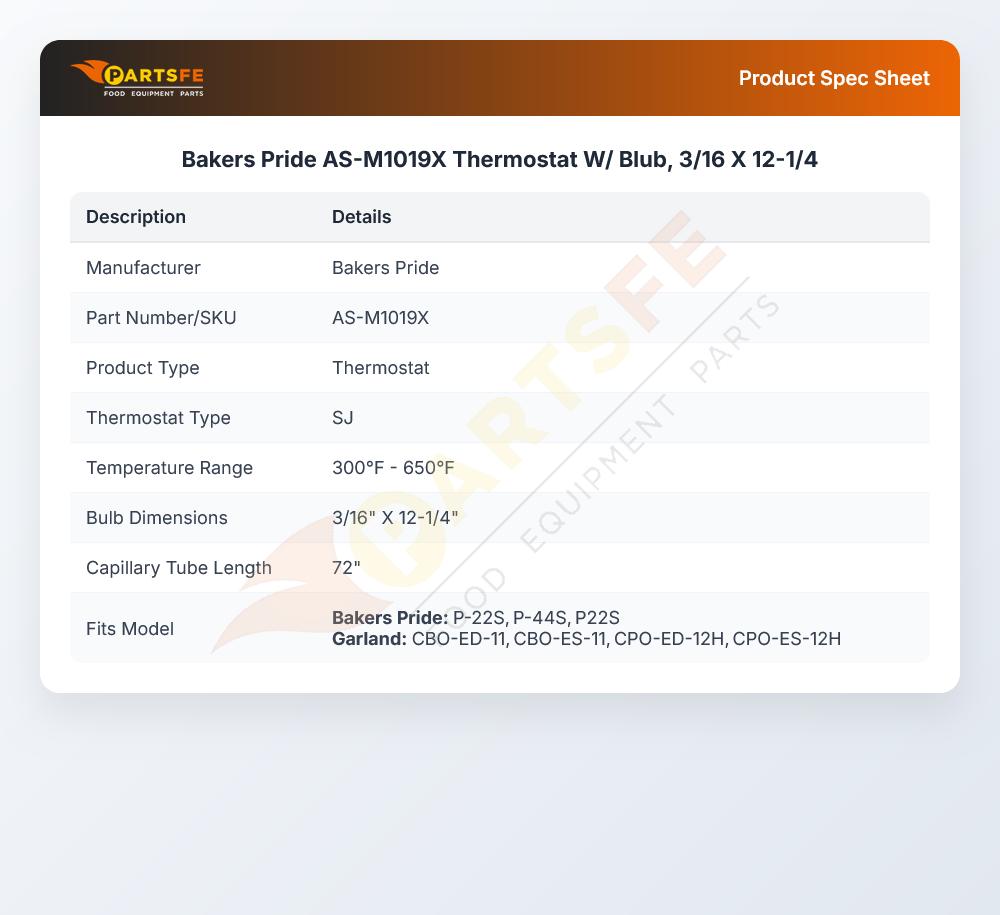 Bakers Pride AS-M1019X Thermostat SJ 3/16" X 12-1/4" 72 CAP